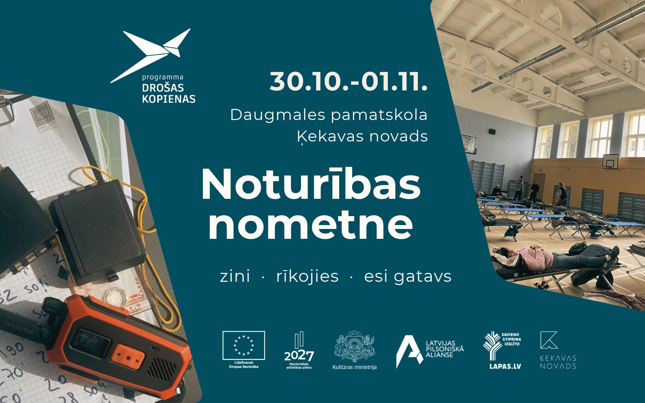 Pasākuma plakāts ar diviem ilustratīviem attēliem un organizatorisko informāciju